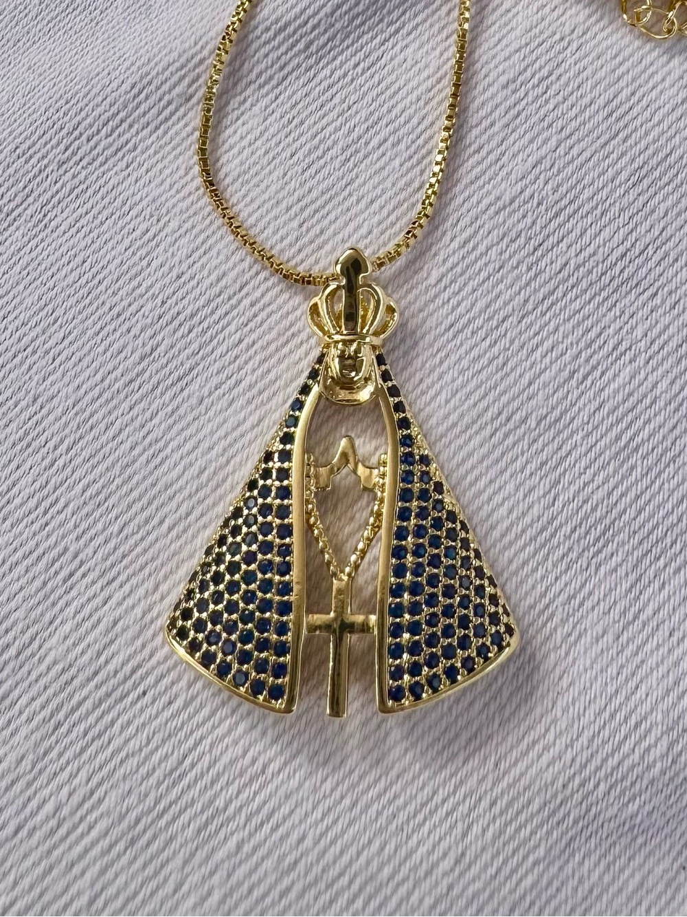 Gold-Tone Blue Pavé Religious Pendant Necklace